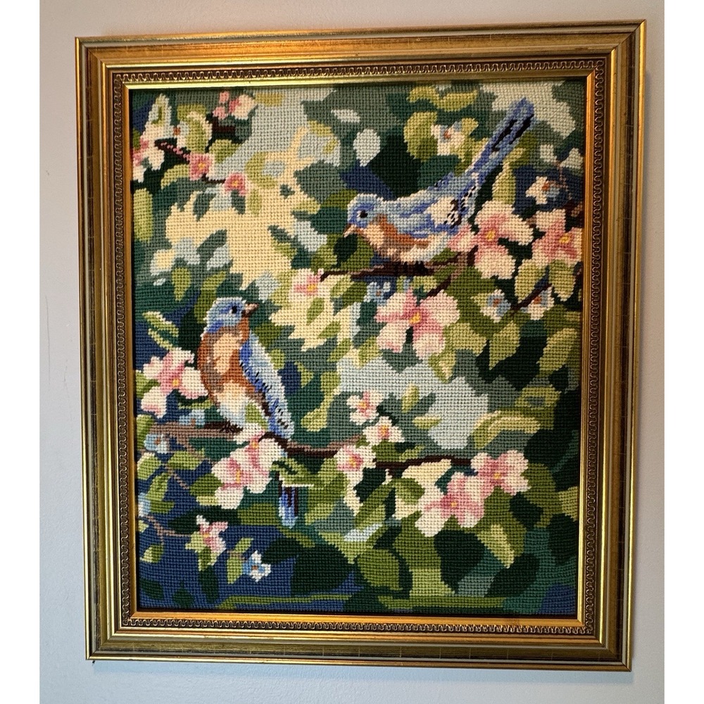 Vintage 1970s Blue Bird with Pink Flowers Framed Needlepoint Wall Hanging Art